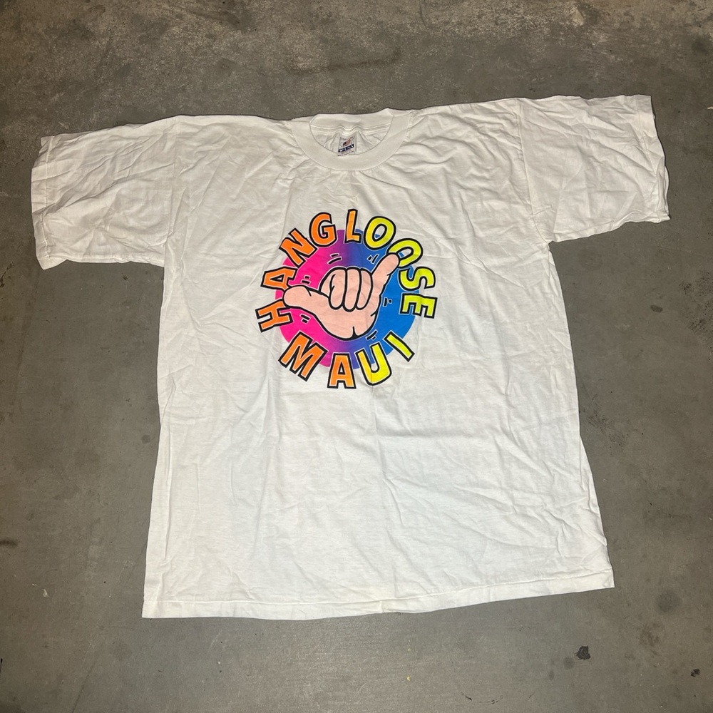 90s Hanes white and multicoloured "Hang Loose" Hawaiian shirt. has small stains.
